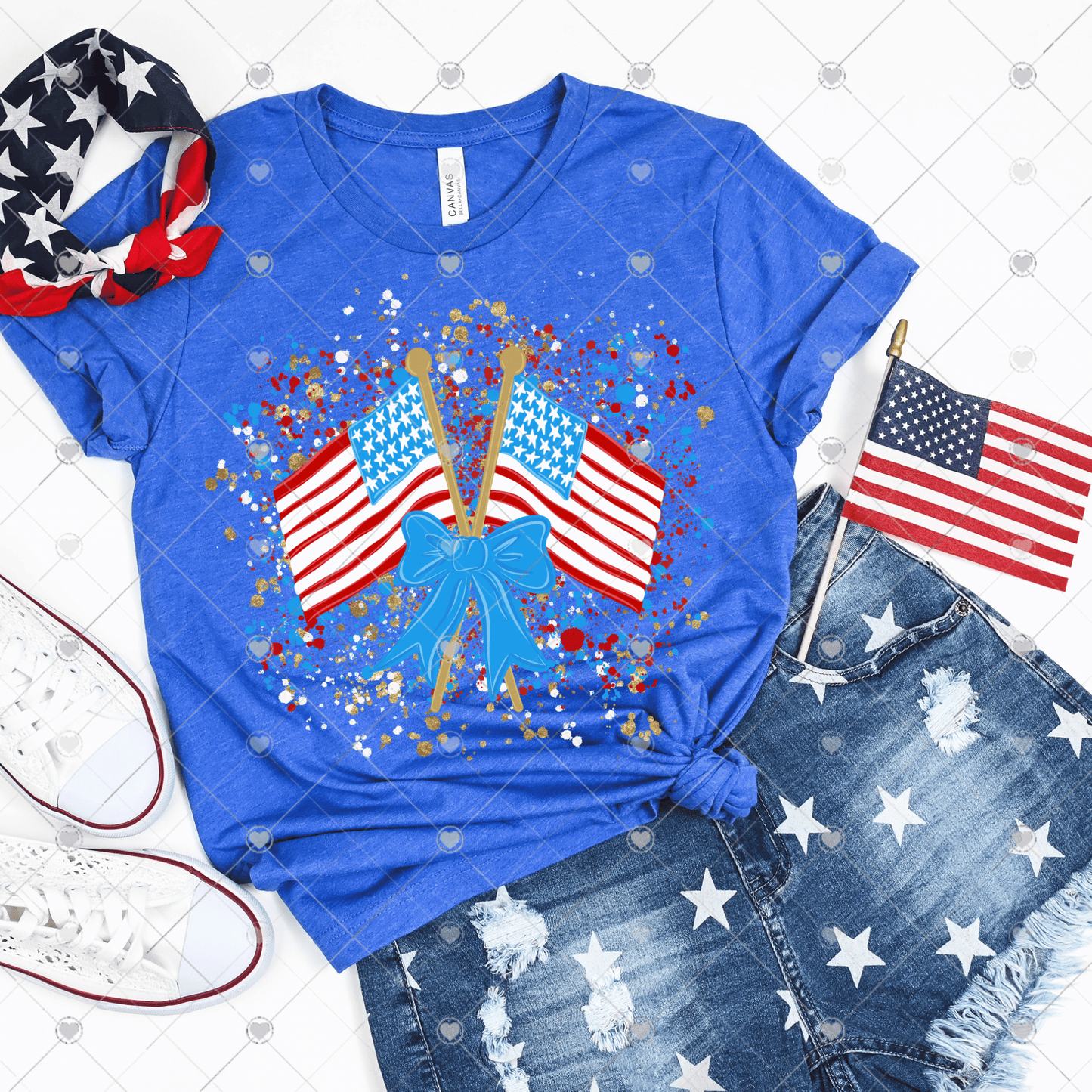 American Flags w/ Bow and Paint Splatter DTF Transfer