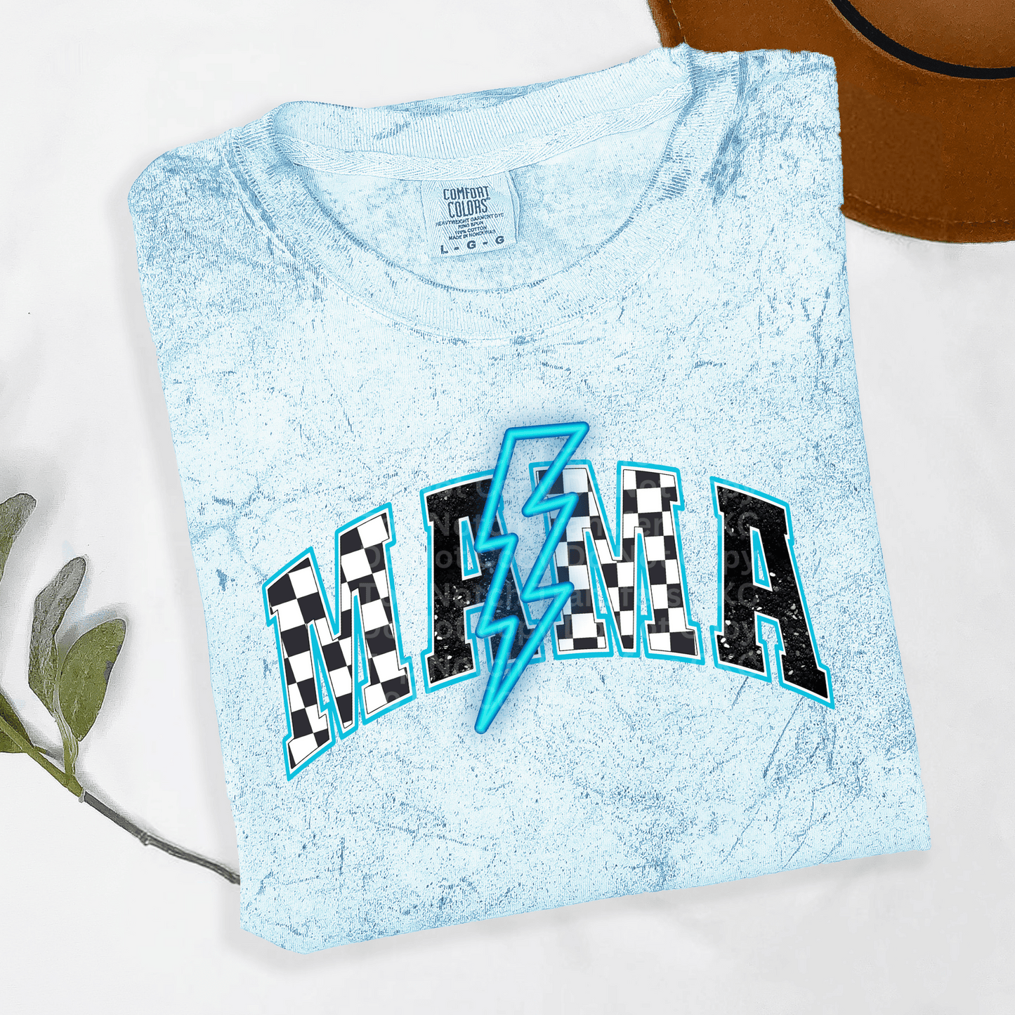 Checkered Mama Neon Light Blue DTF Transfer