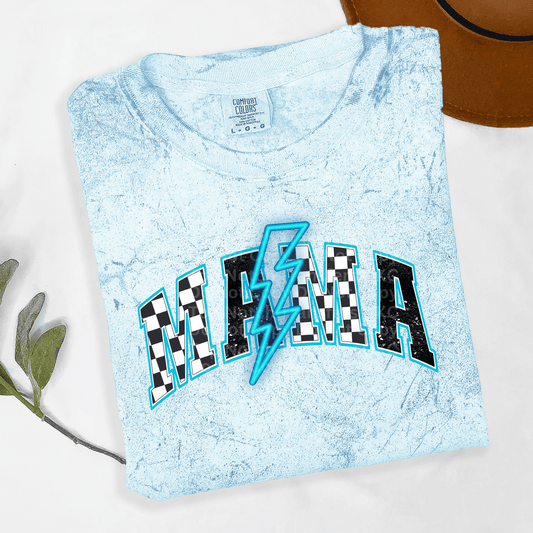 Checkered Mama Neon Light Blue DTF Transfer