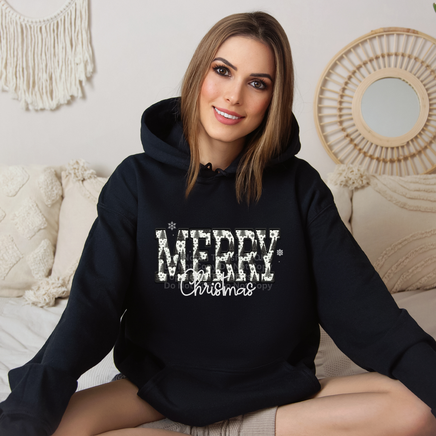 Merry Christmas Black & White Tree Print DTF Transfer