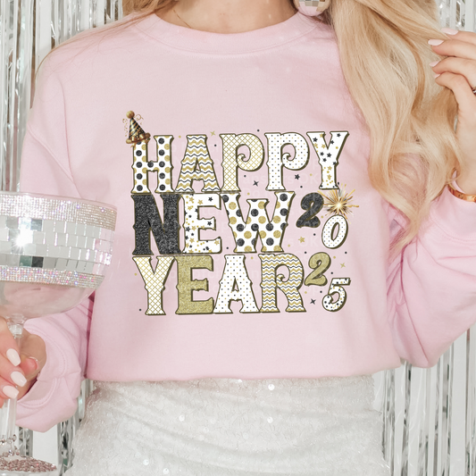 Happy New Year 2025 Gold, Black & White DTF Transfer