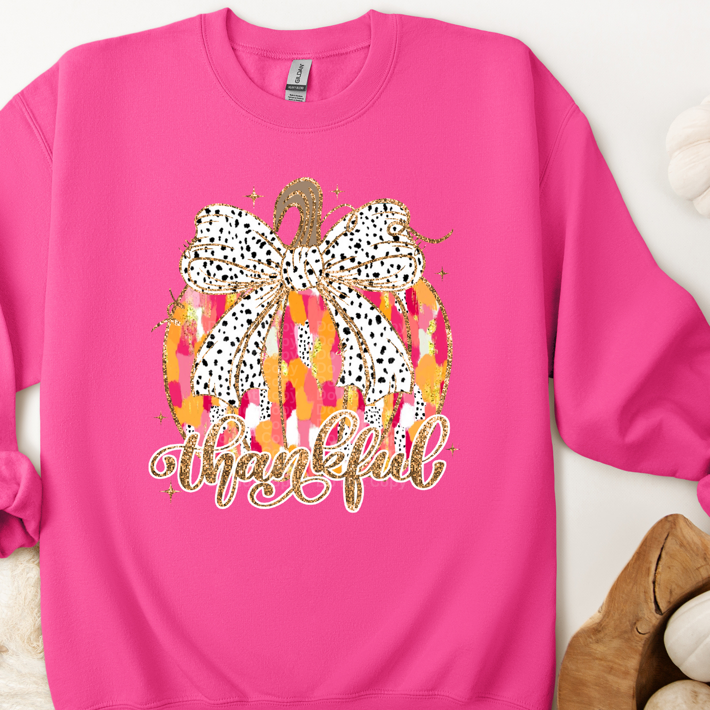 Thankful Multicolor Pumpkin w/Black & White Bow DTF Transfer