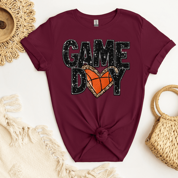 Game Day Faux Sequin Heart Basketball lined with leopard print DTF Transfer