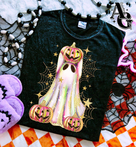 Ghost with pumpkins & spiderweb DTF Transfer