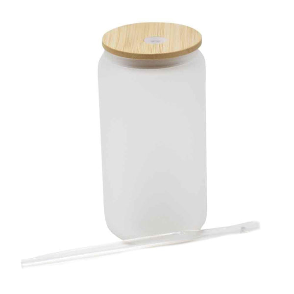 16oz Frosted Glass Can Cup with Bamboo lid and plastic straw