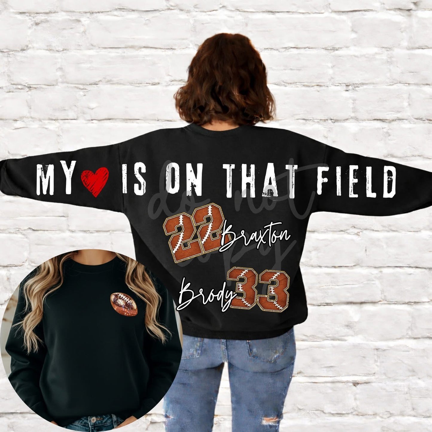 My Heart Is On That Field”Across the Back & Front pocket DTF Transfer “Leave Custom info in checkout notes- number, name, softball or baseball on orders that have both”