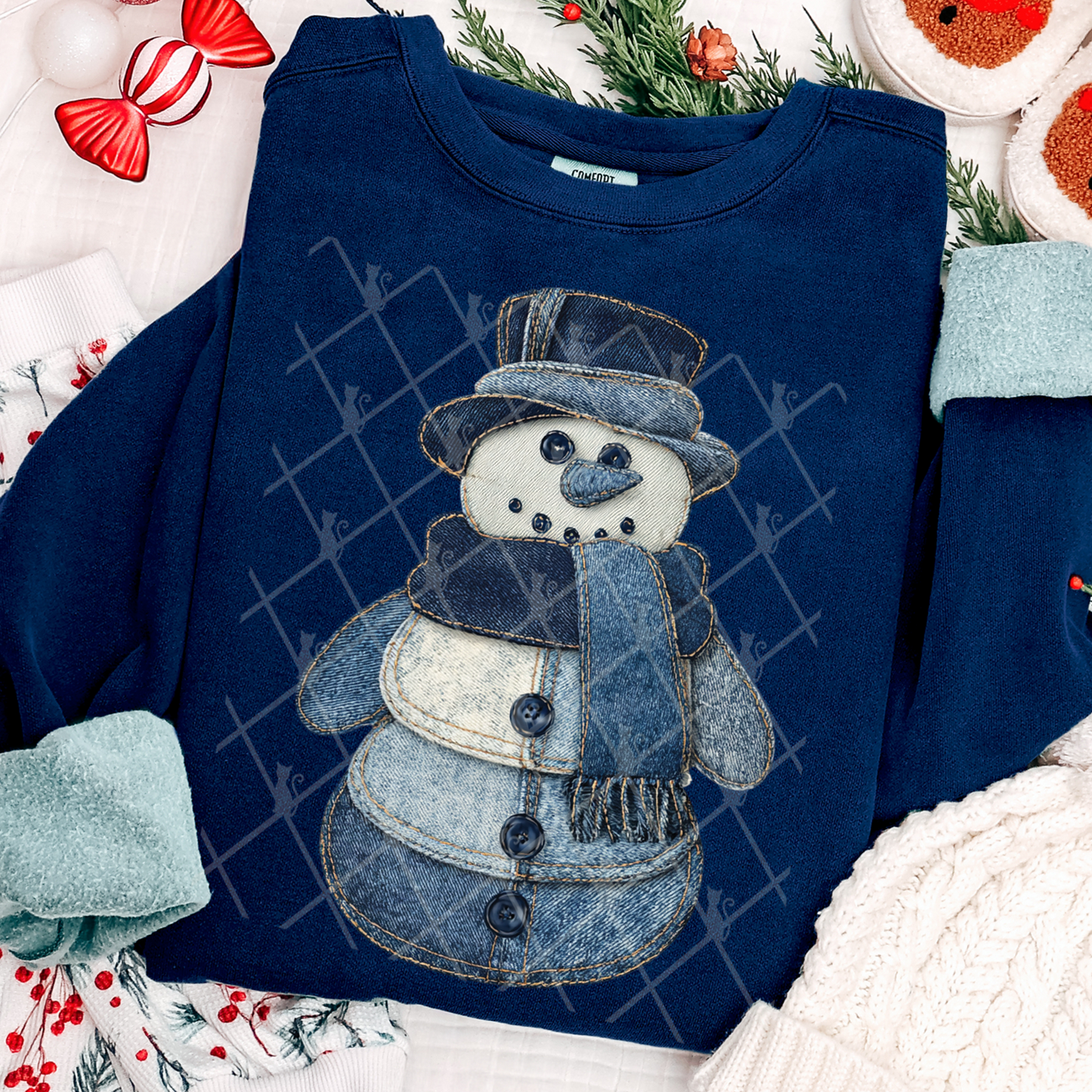 Faux Denim Snowman DTF Transfer