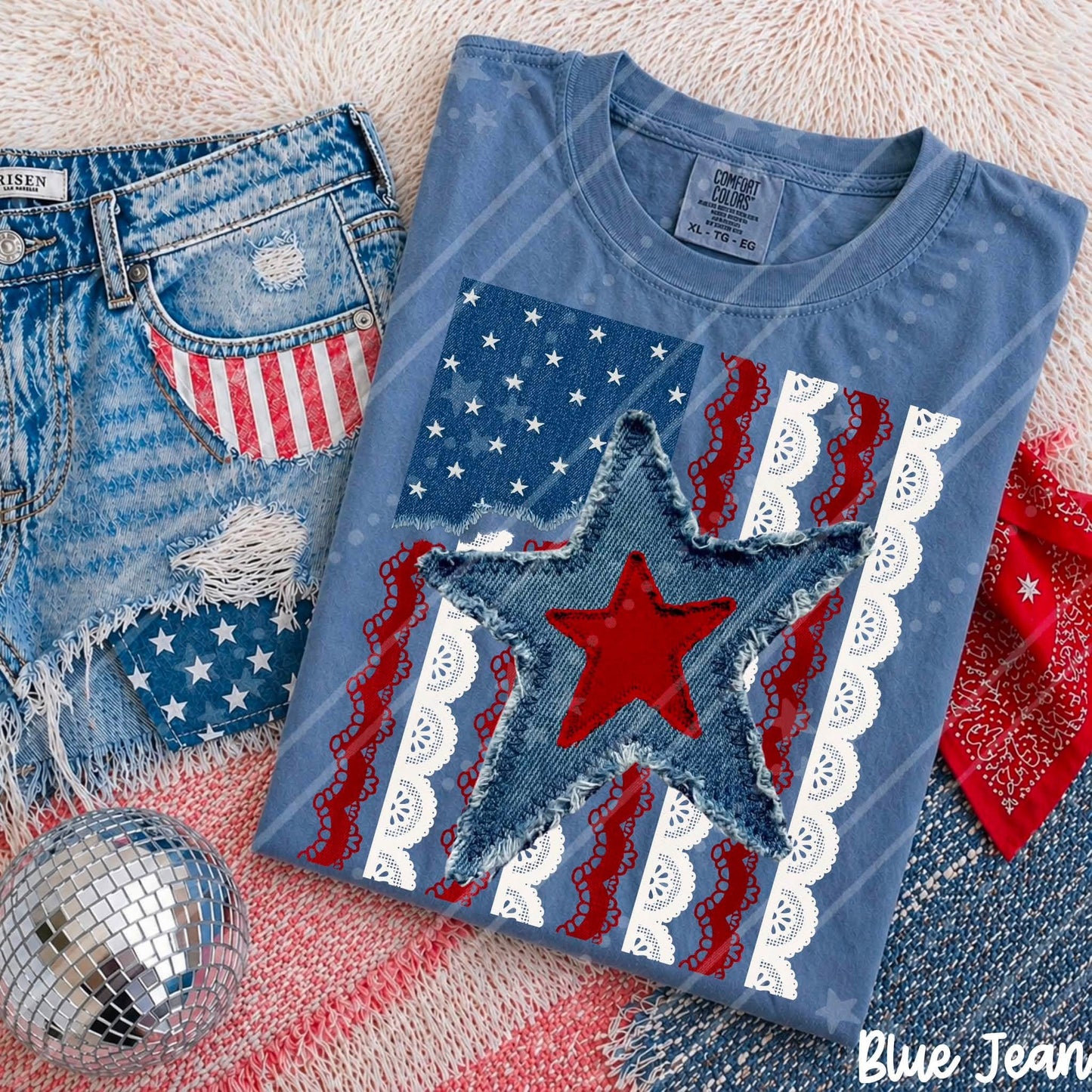 Faux Denim Lace Star Flag DTF Transfers