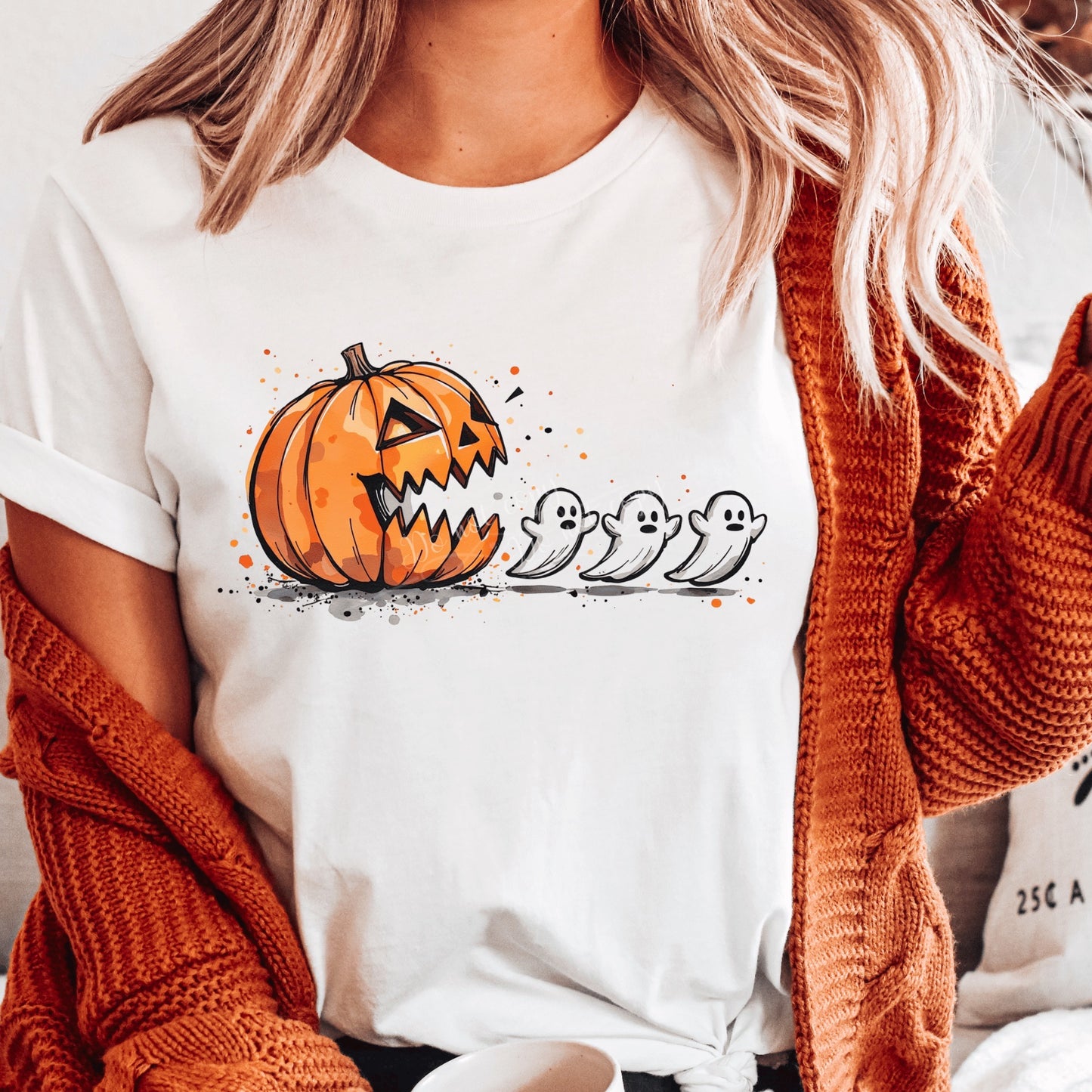 Pumpkin Pac-Man chasing ghosts w/ outline DTF Transfer