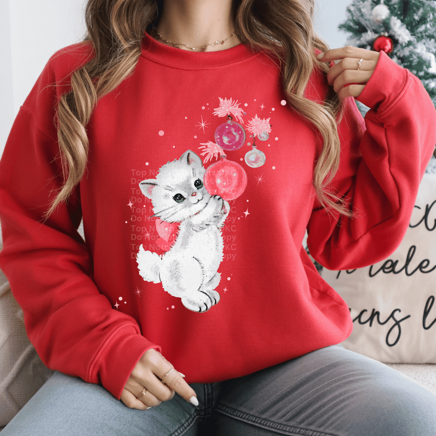 Vintage Kitten Playing w/ Christmas Ornament DTF Transfer