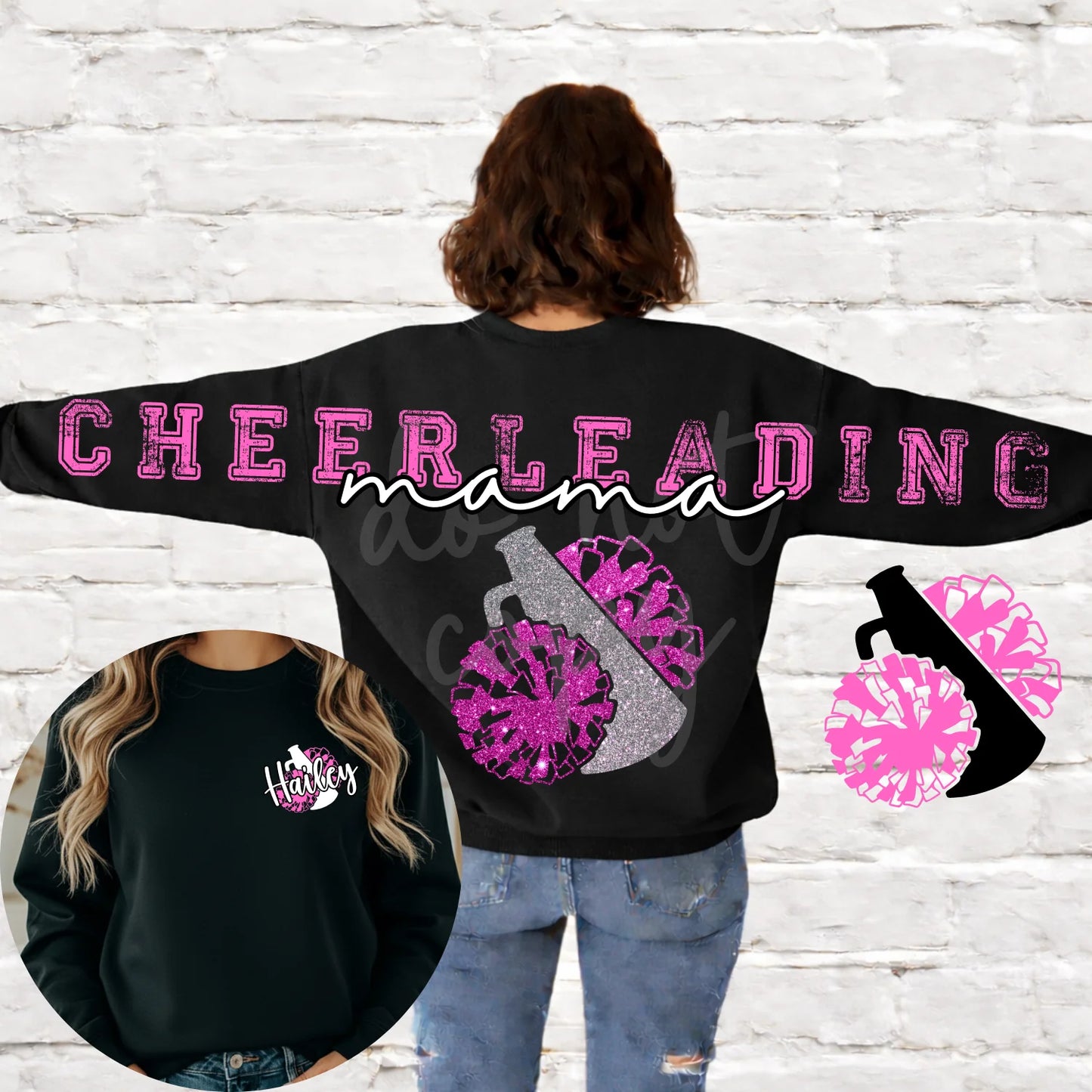 Custom Sports Mama Across the Back & Front pocket DTF Transfer “Leave Custom info in checkout notes- number, name for pocket, for cheerleading- 2 colors and glitter or no glitter on the Pom”