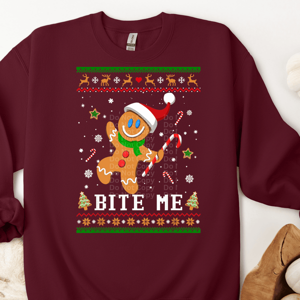 Bite Me Gingerbread Ugly Christmas Sweater DTF Transfer