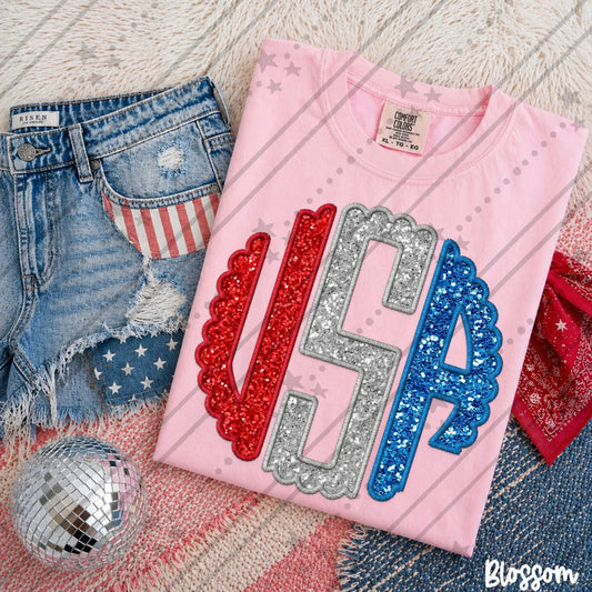 USA Faux Glitter Monogram DTF Transfers