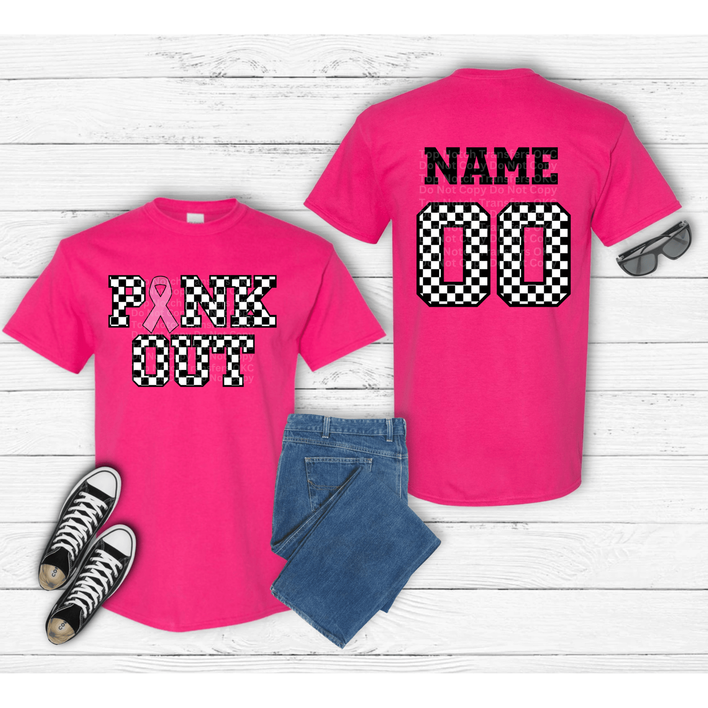 Custom Pink Out Checkered Front & Back DTF Transfer *Leave Name & Number in Checkout notes*