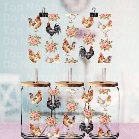 Chickens and Floral UV DTF 16 oz Cup Wrap