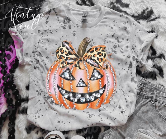 Faux Rhinestone & Cheetah Bow Jack-o-lantern DTF Transfer