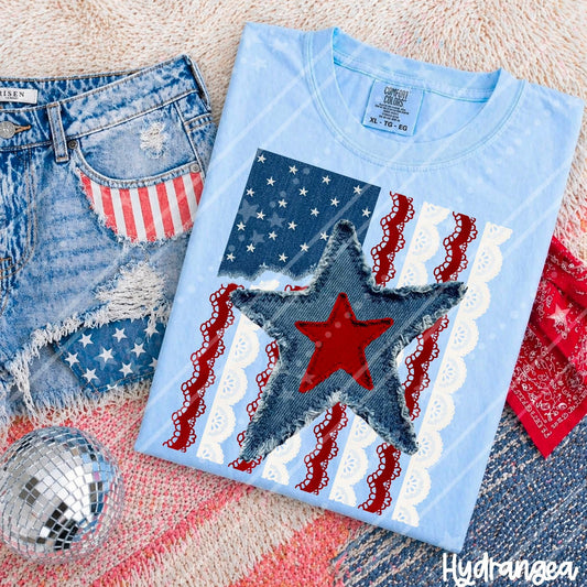 Faux Denim Lace Star Flag DTF Transfers