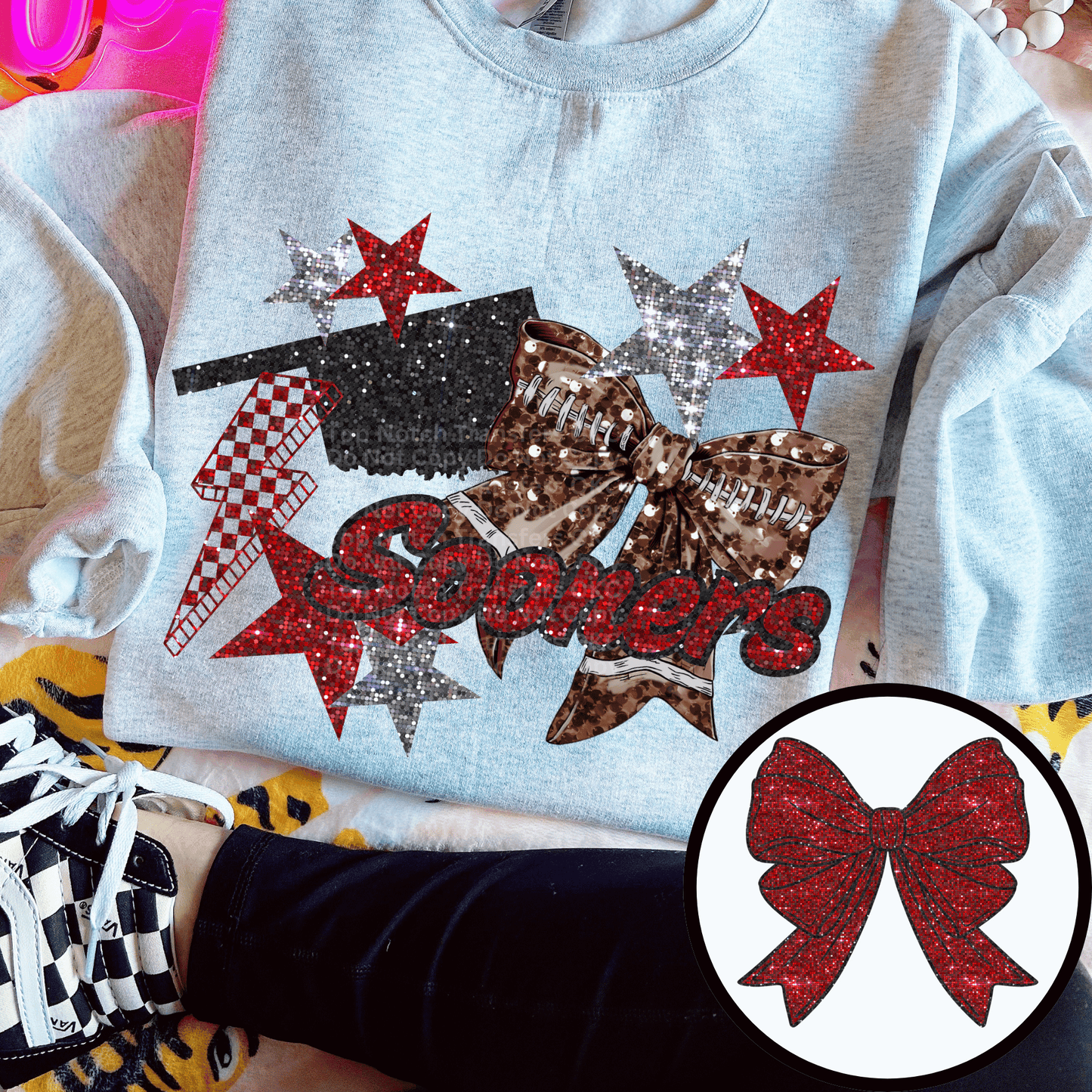 Oklahoma Red Bling Design with optional Bow DTF Transfer