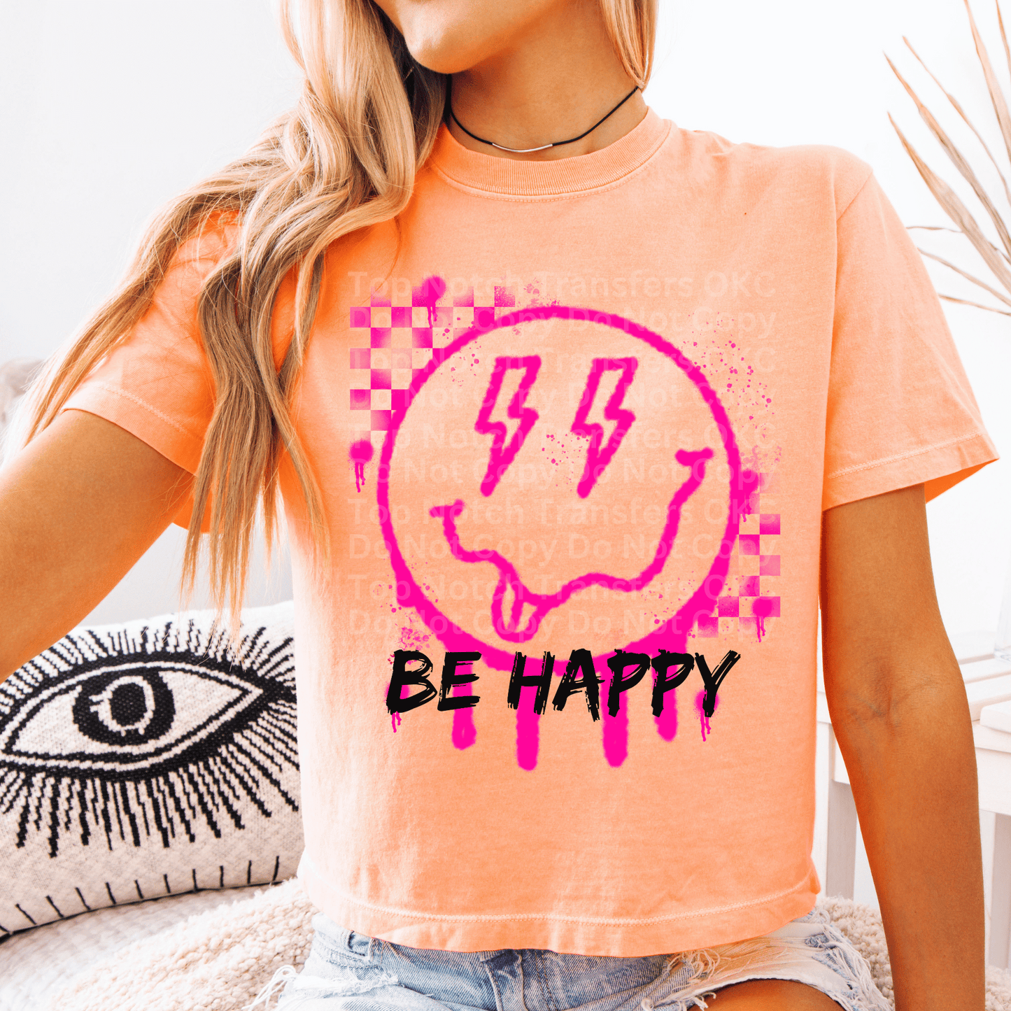 Be Happy Pink Drippy Smiley Face DTF Transfer