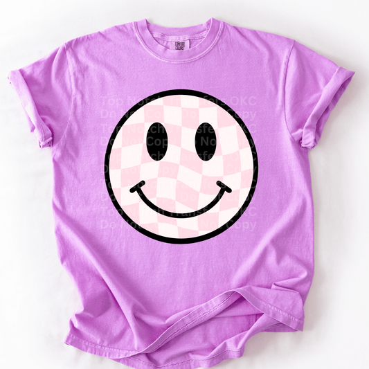 Black Outline Light Pink Checkered Smiley Face DTF Transfer