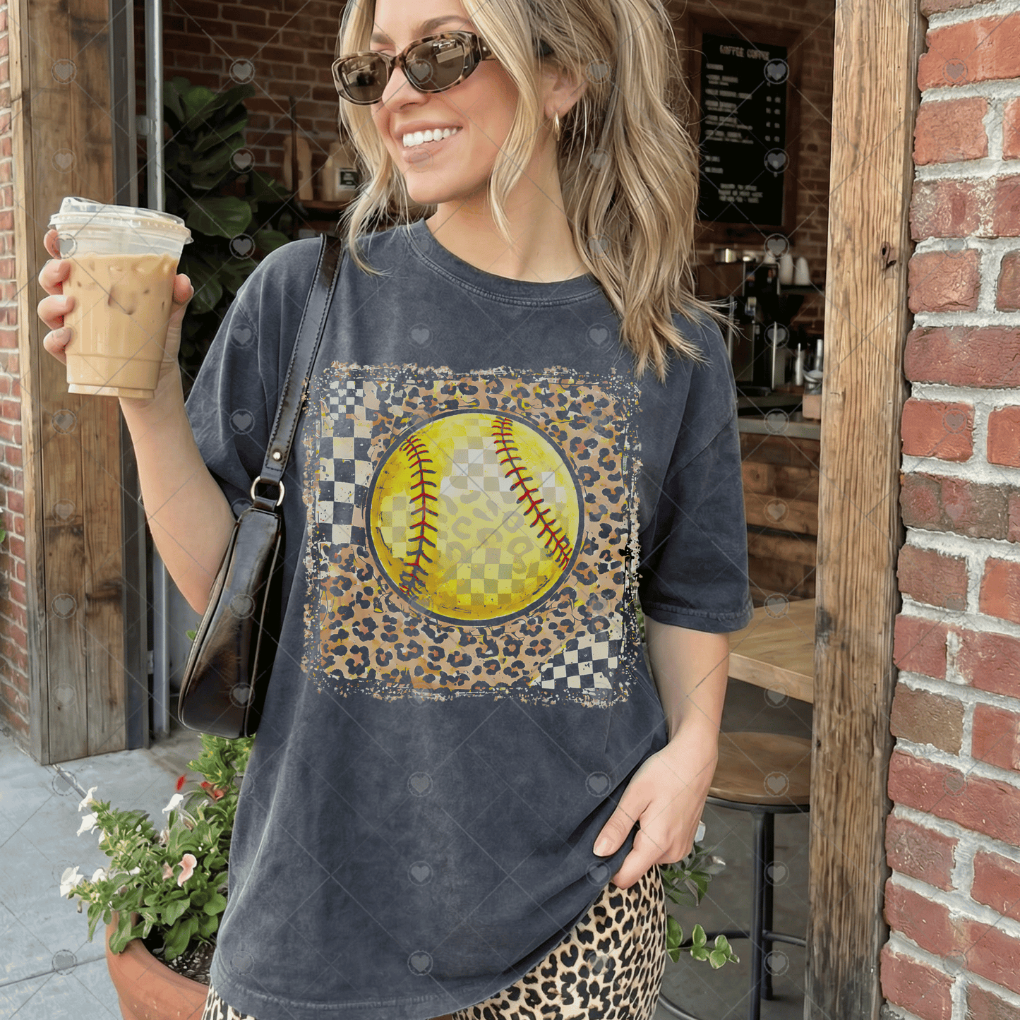 Checker Leopard Print Softball DTF Transfer