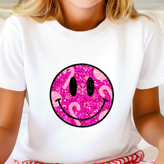 Pink Sparkle Candy Cane Smiley DTF Transfer