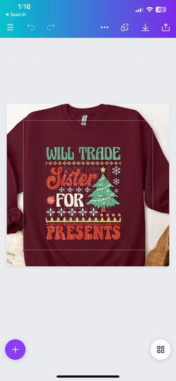 Will trade Sister for Presents Ugly Christmas Sweater DTF Transfer
