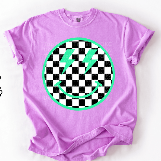 Green & Checkered Smiley Face DTF Transfer