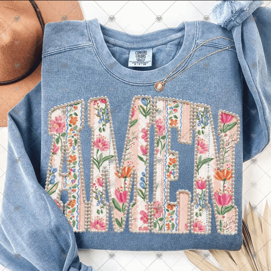 AMEN floral w/ pearl outline DTF Transfer