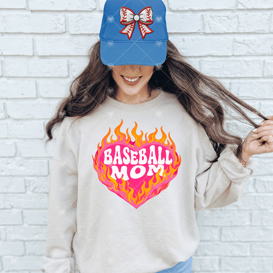Baseball Mom Flame Heart DTF Transfer