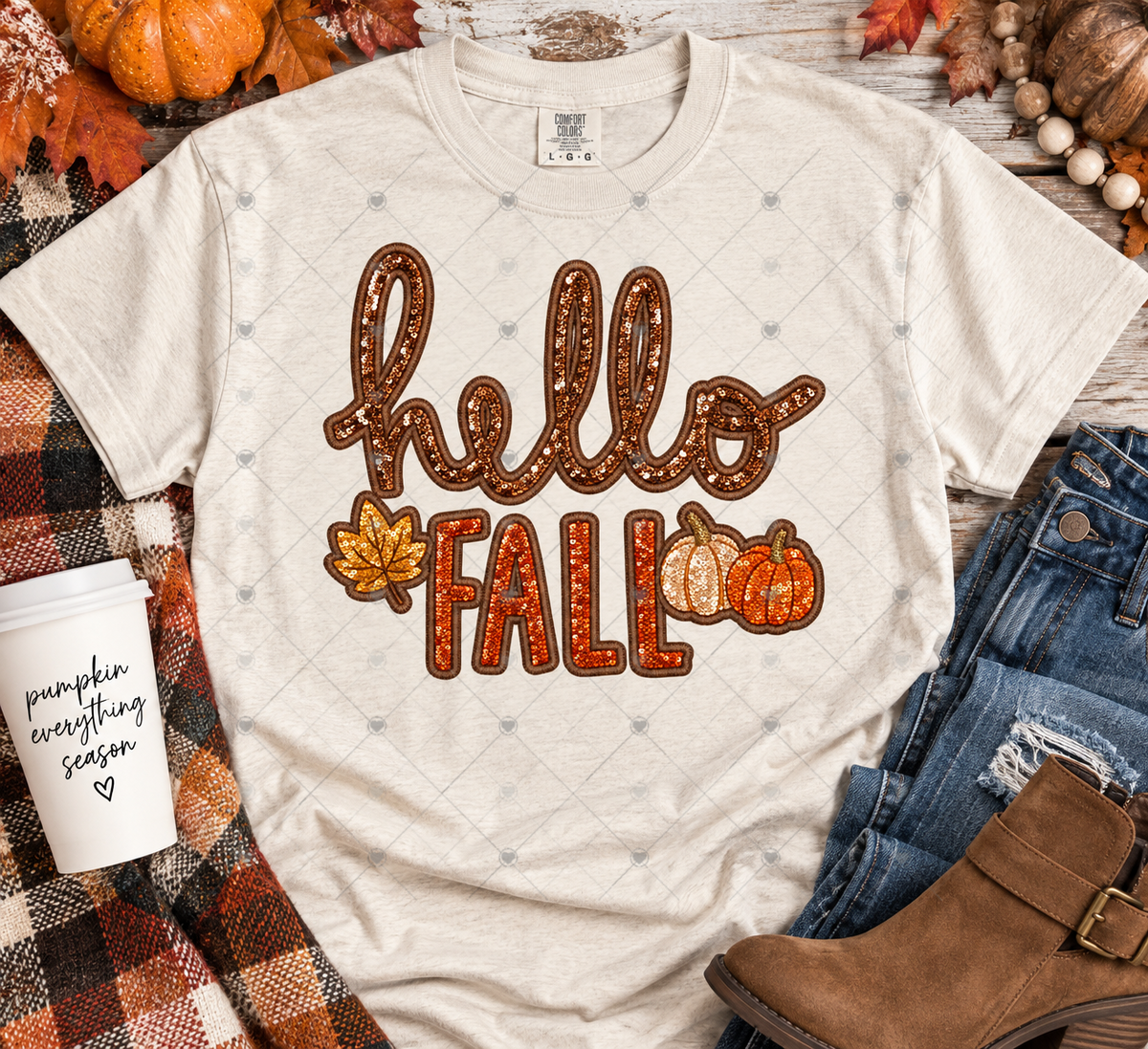 Hello Fall Faux Sequin & Embroidery DTF Transfer