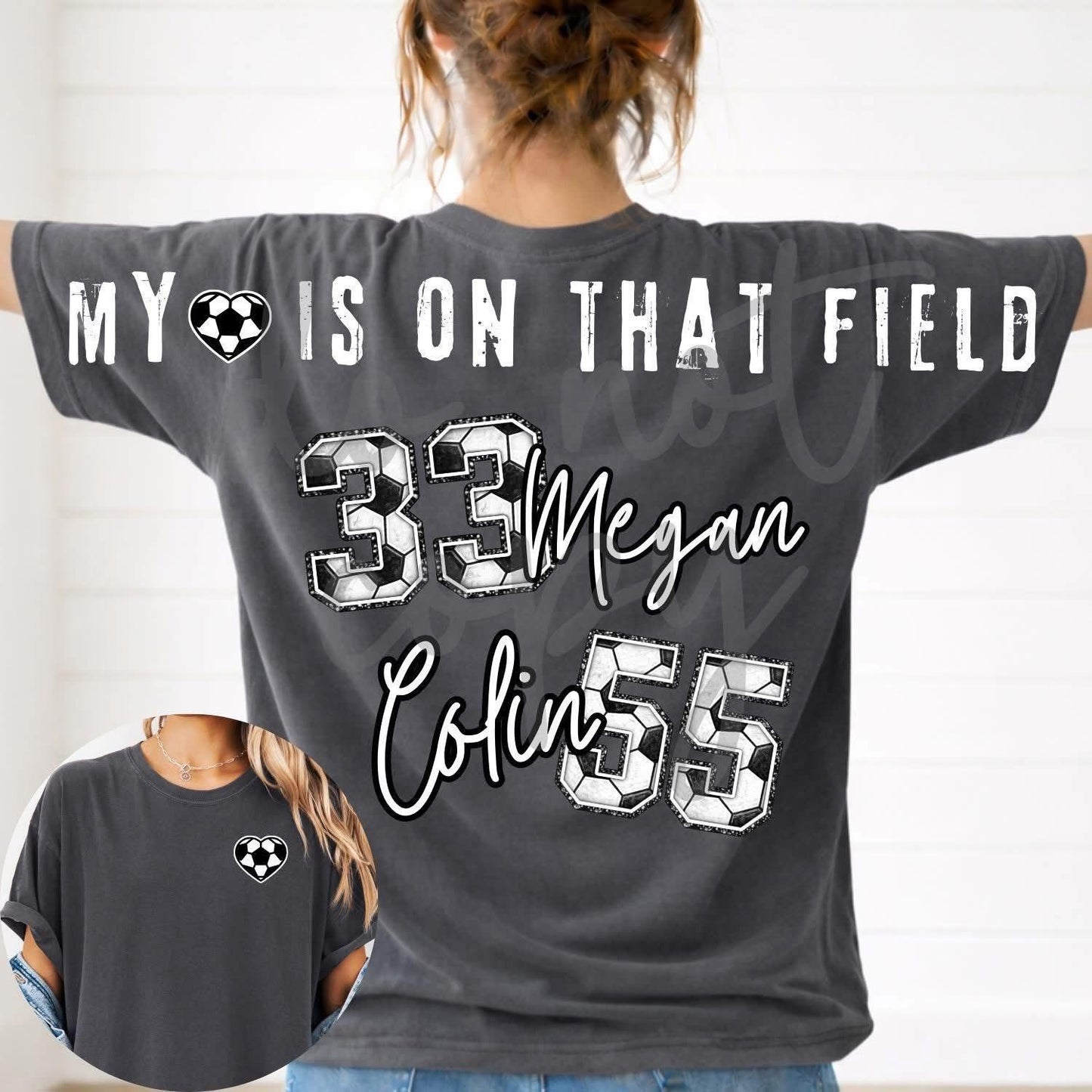 My Heart Is On That Field”Across the Back & Front pocket DTF Transfer “Leave Custom info in checkout notes- number, name, softball or baseball on orders that have both”