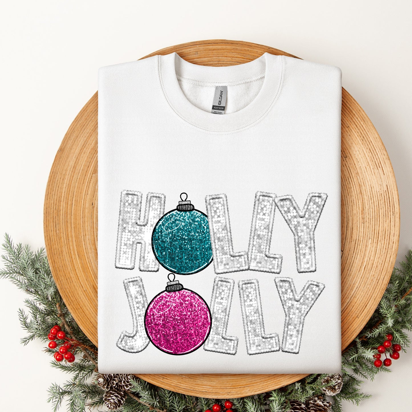Holly Jolly Pink & Blue Ornaments Faux Glitter DTF Transfer