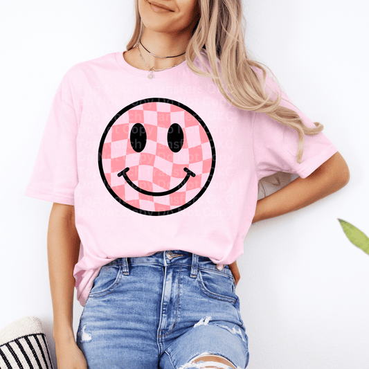 Pink Checkered Smiley DTF Transfer