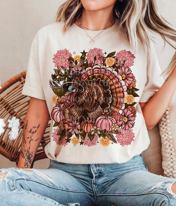 Floral Turkey  *Optional long sleeve design* DTF Transfer