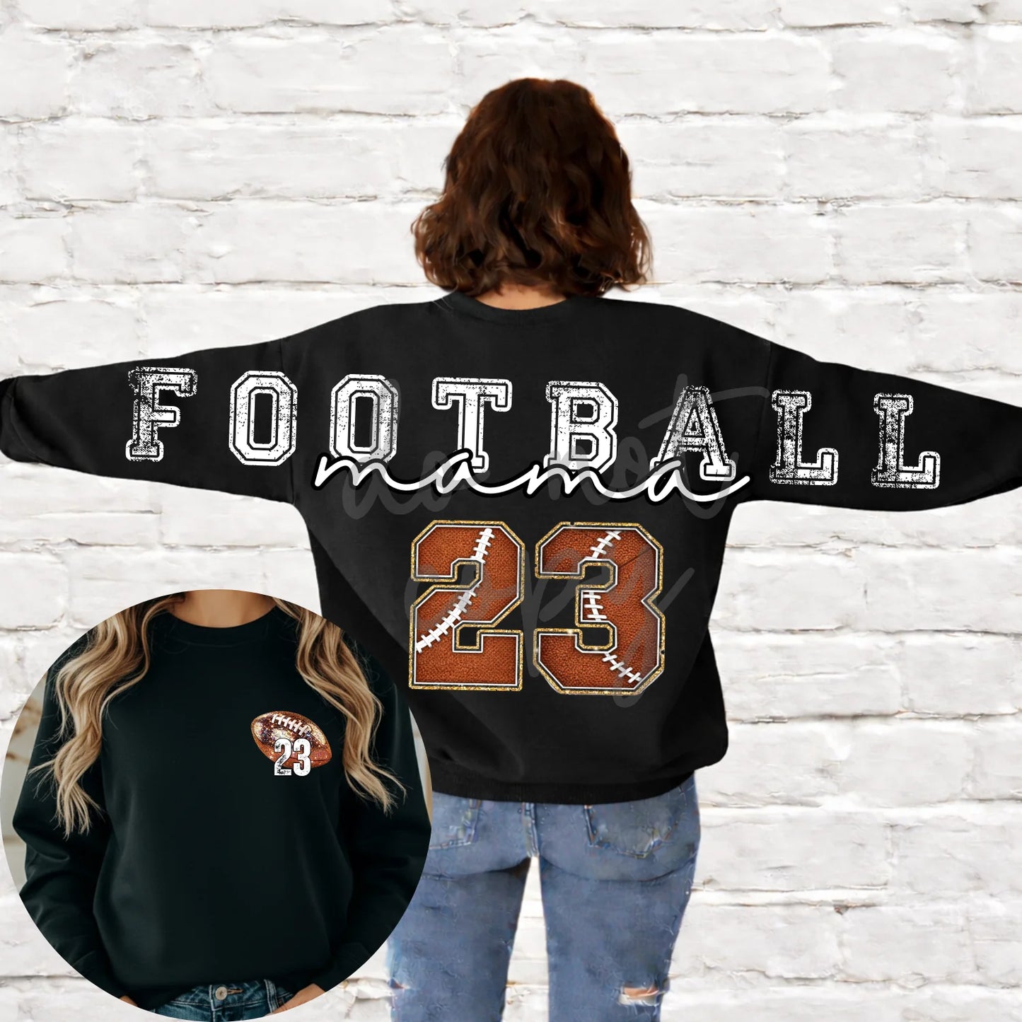 Custom Sports Mama Across the Back & Front pocket DTF Transfer “Leave Custom info in checkout notes- number, name for pocket, for cheerleading- 2 colors and glitter or no glitter on the Pom”