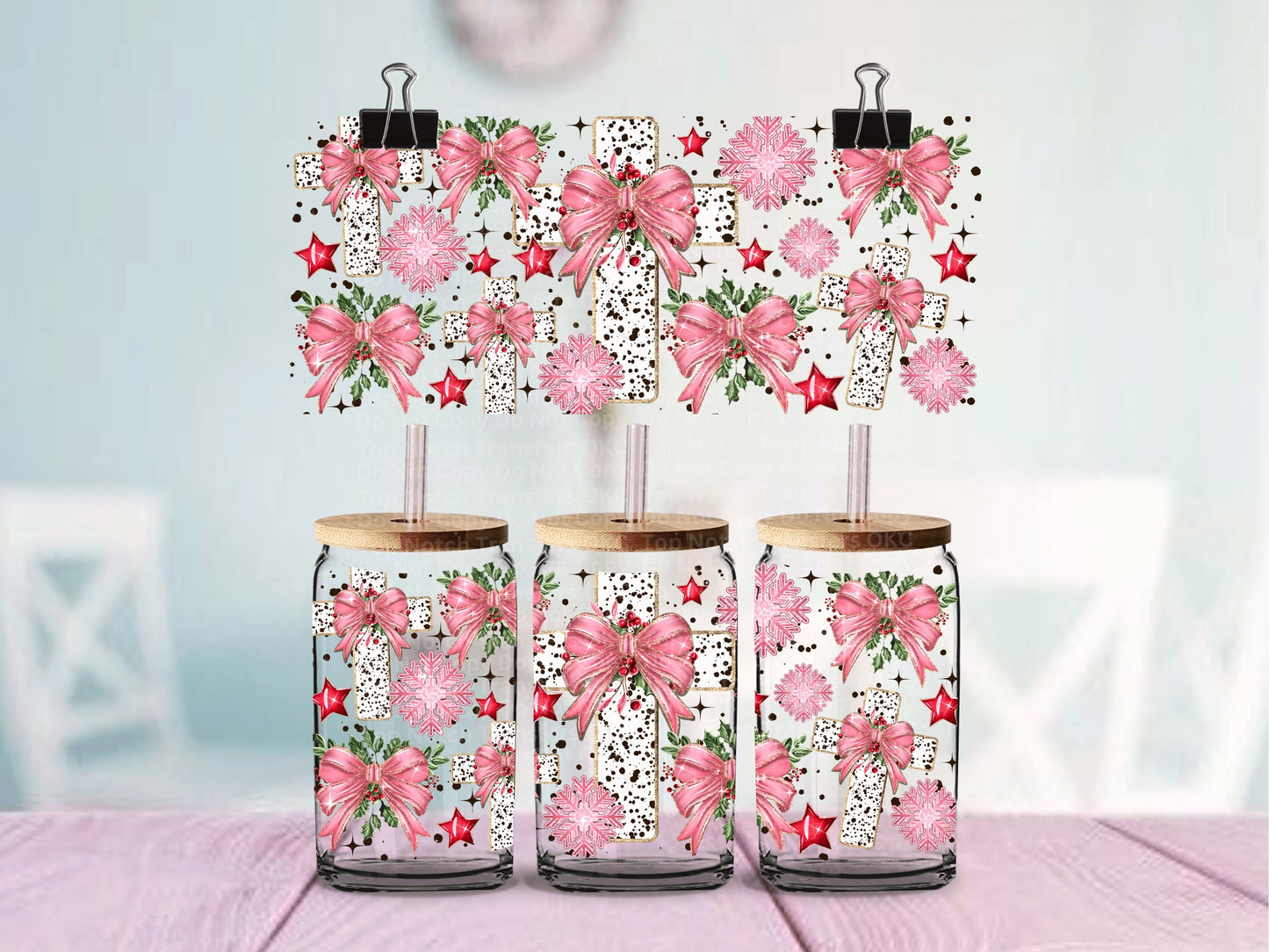 Christmas Dalmatian Print Pink Cross UV DTF 16oz Cup Wrap