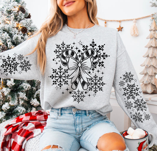 Candy Canes Snow flakes black *Optional long sleeve design* DTF Transfer
