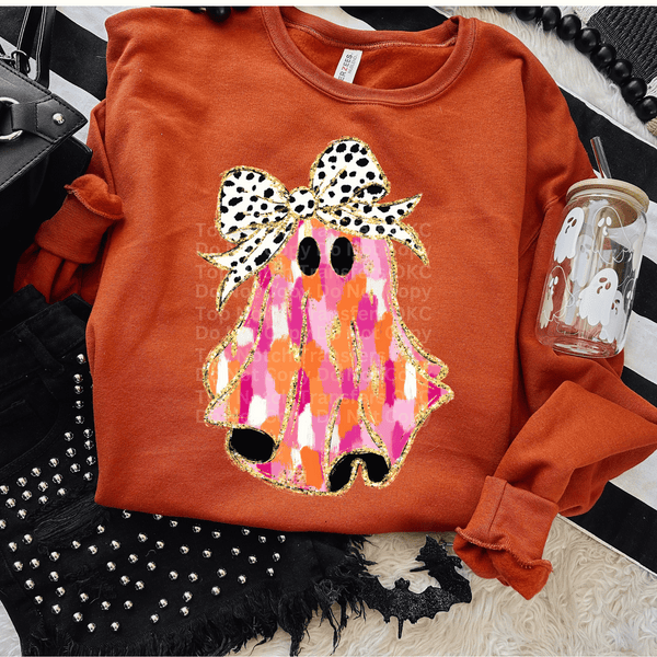 Pink watercolor Ghost w/ Dalmatian Bow DTF Transfer