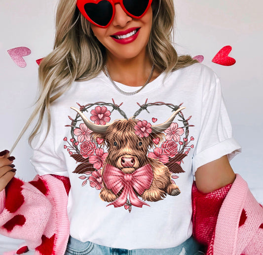 Barbed Wire Highland Cow Heart DTF Transfer
