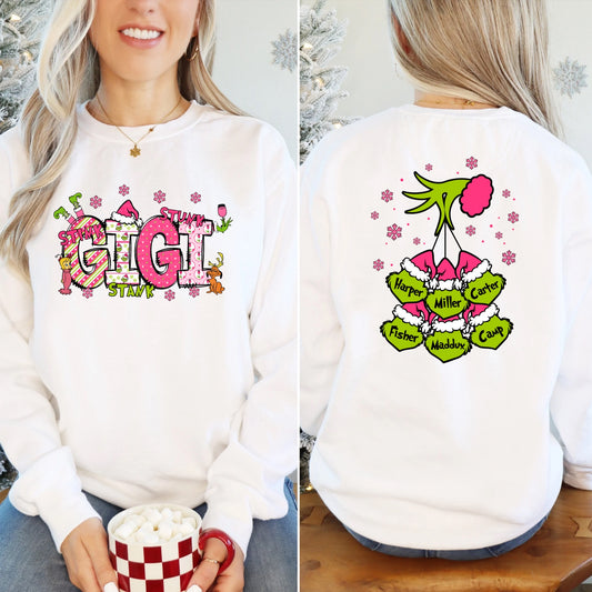 Pink Christmas Gigi Design with optional back design* ordered separately- leave info for names for back design in checkout notes*
