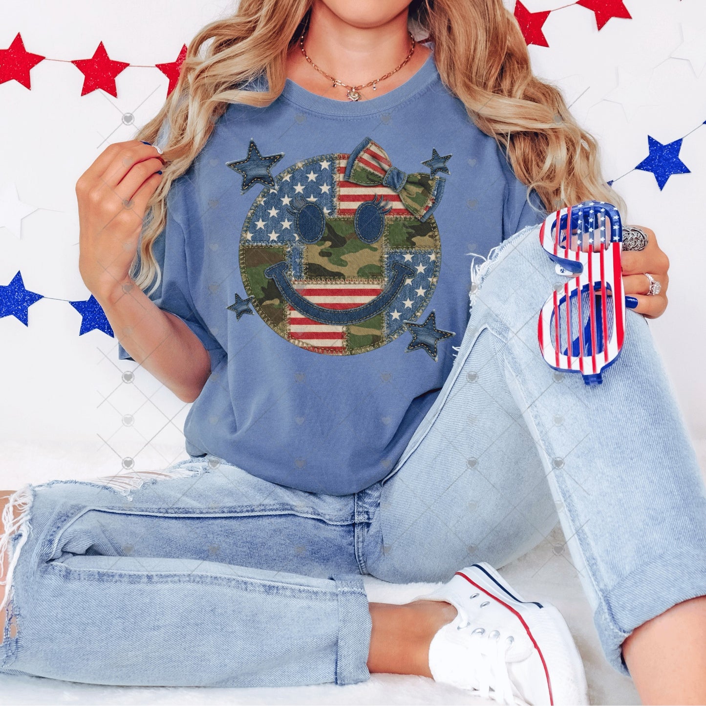 Camo Denim Smiley w/ Bow DTF Transfers