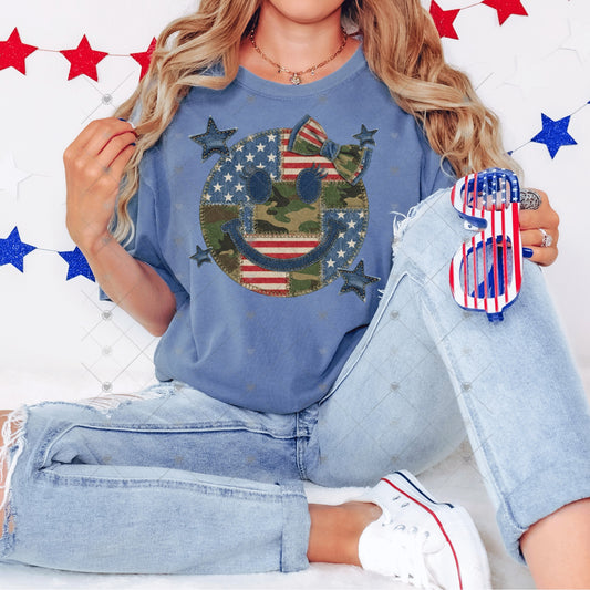 Camo Denim Smiley w/ Bow DTF Transfers