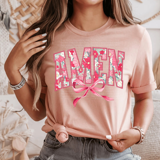 AMEN Floral Faux Embroidery with Bow DTF Transfer