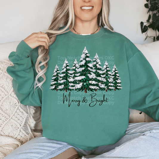 Merry & Bright Faux Rhinestone Trees Covered in Snow DTF Transfer