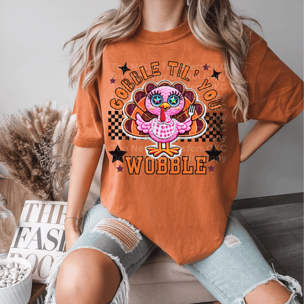 Gobble Til You Wobble Pink Turkey DTF Transfer