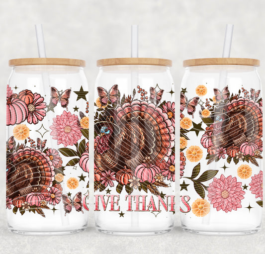 Give Thanks Floral Turkey UV DTF 16oz Cup Wrap