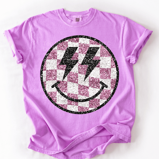 Faux Glitter Purple Checkered Smiley Face DTF Transfer
