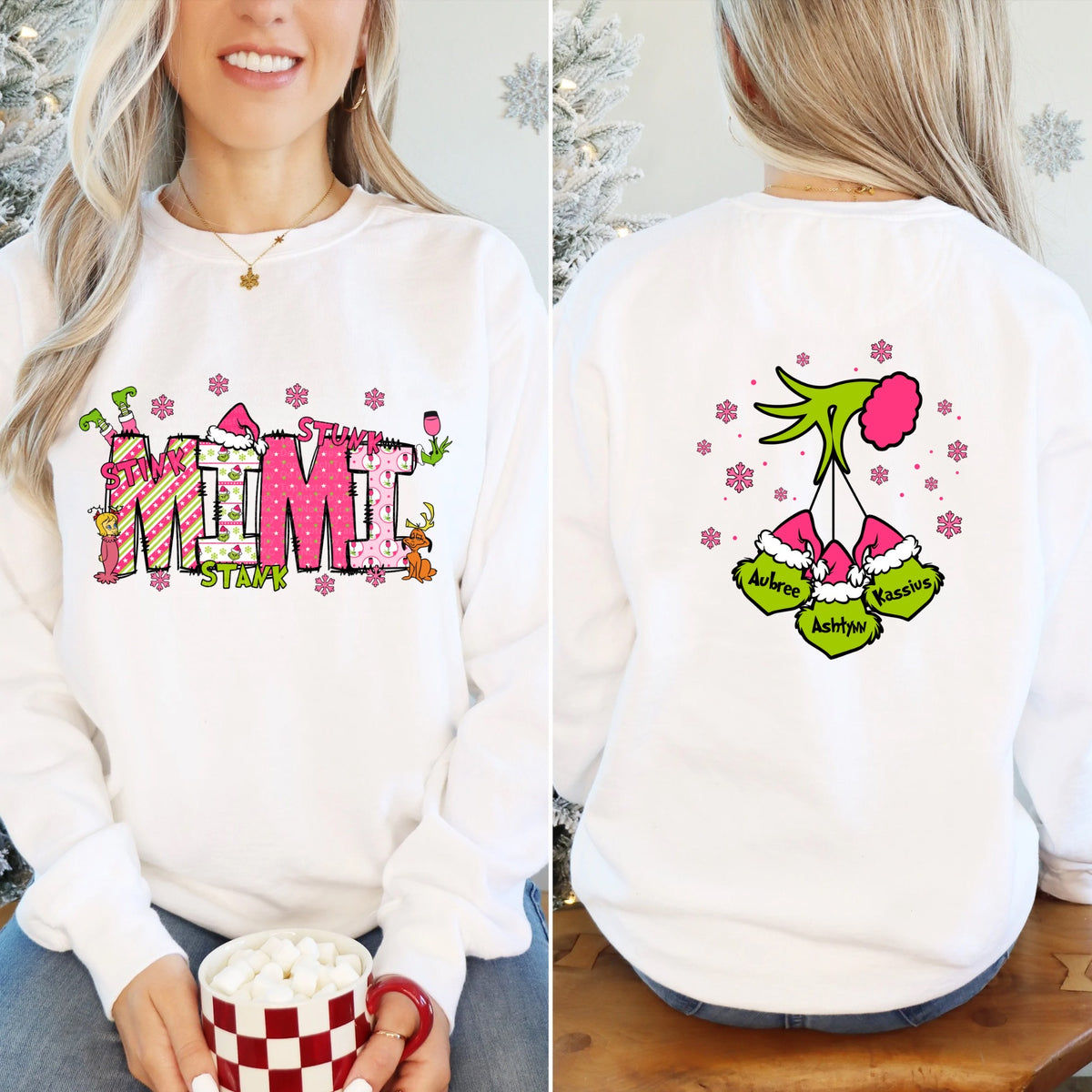 Pink Christmas Mimi Design with optional back design* ordered separately- leave info for names for back design in checkout notes*