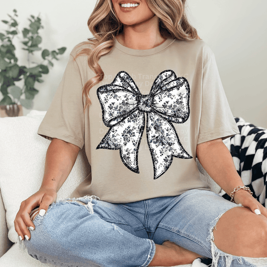 Black & White Floral Bow DTF Transfer